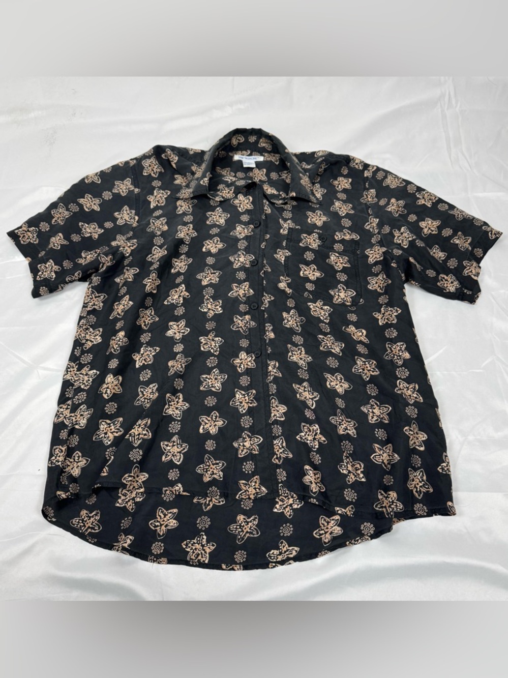 Ship’n Shore 100% Silk Blouse Black Tan Abstract Floral Button Front Top Medium